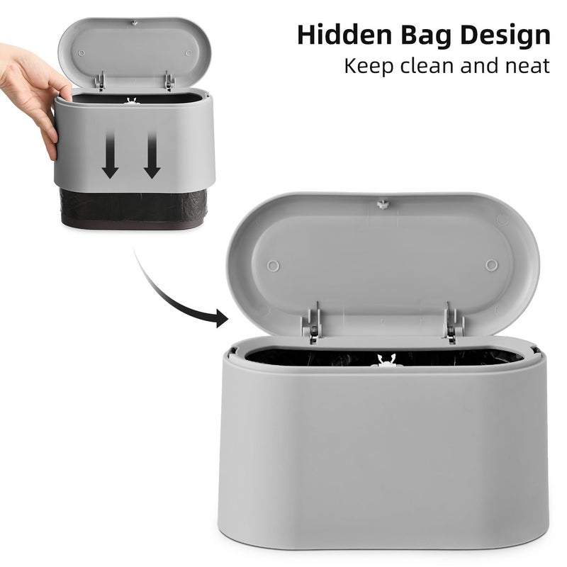 SUBEKYU 0.5 Gal Mini Countertop Trash Can with Lid for Desktop, Small Garbage Can for Office, Tiny Wastebasket, Plastic, Light Grey - Image 3