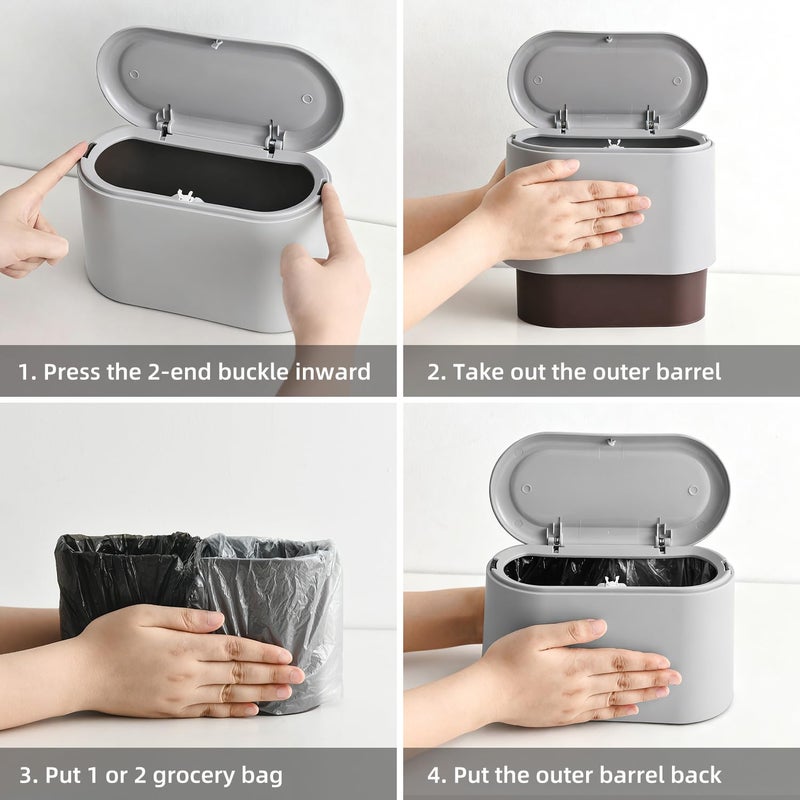 SUBEKYU 0.5 Gal Mini Countertop Trash Can with Lid for Desktop, Small Garbage Can for Office, Tiny Wastebasket, Plastic, Light Grey - Image 4