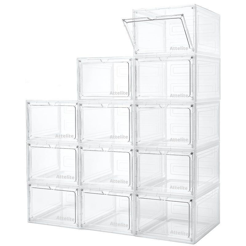 Attelite Upgrade 12pack Shoe Box Storage Containers,Thicken Sturdy Clear Stackable Plastic Shoe Organizer Box with Magnetic Door, X-Large Drop Front Shoe Box - Image 1