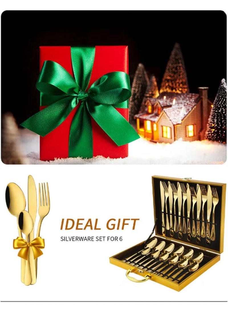 24-Piece Stainless Steel Cutlery Set Kitchen Utensils Set Surface Texture-Free Western Tableware Suitable For Home Kitchen Restaurant Hotel Party Dining Picnic Dining Exquisite Packaging Gift Golden - Image 2