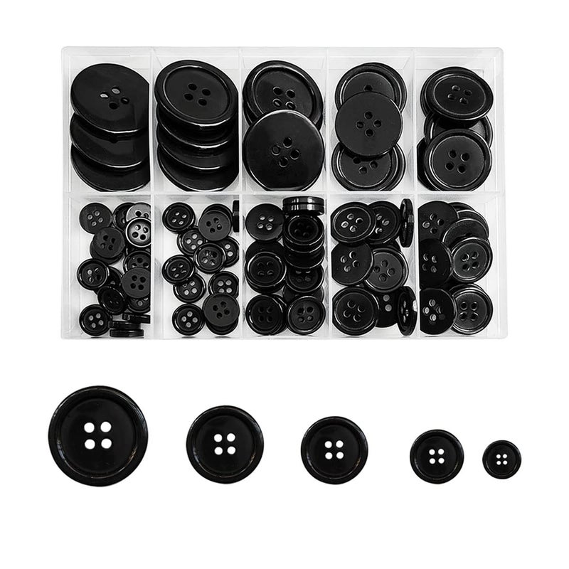 ZTEOFO 100 Black Buttons Set  4 Hole 5 Sizes Round Shapes 
