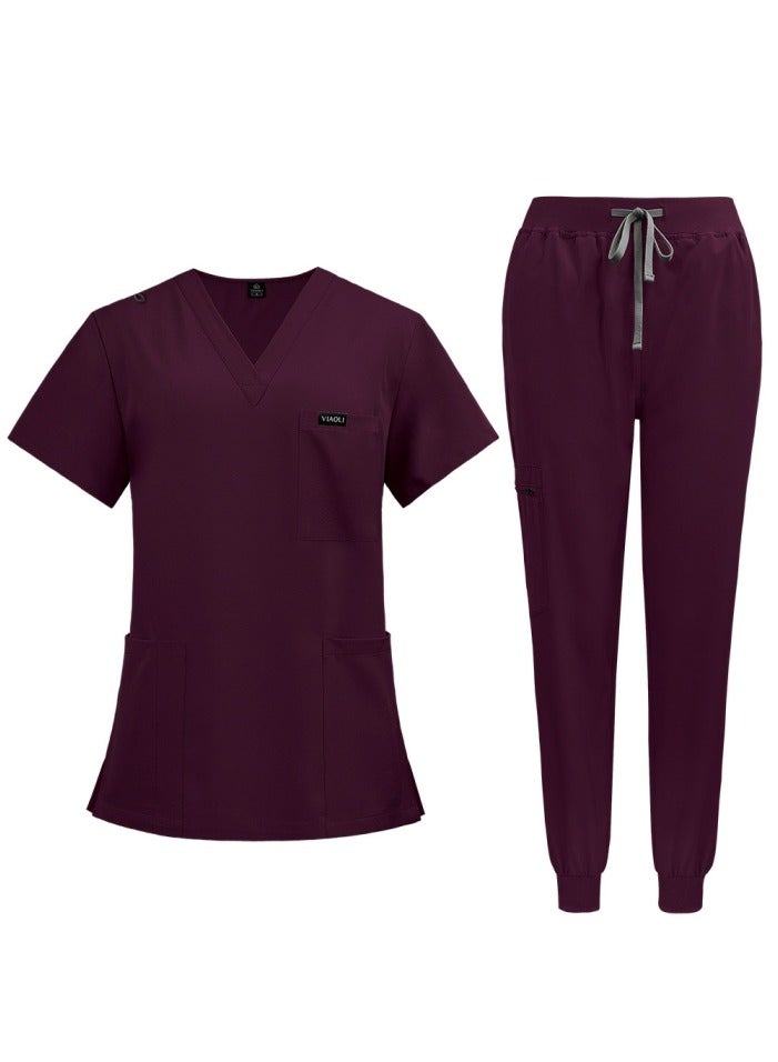 Loquat Solid Color Medical Uniform Scrubs 2 Piece Set V-Neck Top and Jogger Pants Suit Dark Wine Red - Image 1
