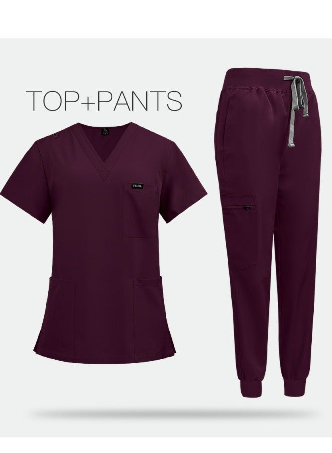 Loquat Solid Color Medical Uniform Scrubs 2 Piece Set V-Neck Top and Jogger Pants Suit Dark Wine Red - Image 2