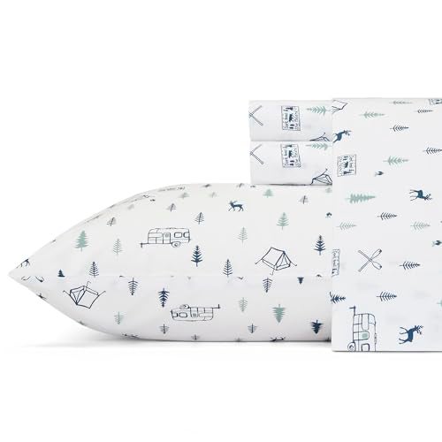 Eddie Bauer - Queen Sheets, Cotton Percale Bedding Set, Crisp & Cool Home Decor (Campout Dark Blue, Queen) - Image 1