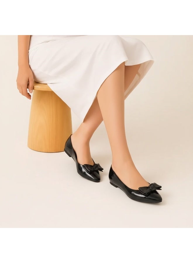 لايف ستيلاش  باليرينا جلد لامع مسطح مع فيونكة BN-513 - أسود - Image 1