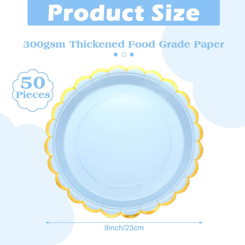 Maxcheck Maxcheck 50 Pcs Blue Scalloped Paper Plates with Gold Foil 9 Inches Disposable Party Plates Decorative for Cake Dessert Birthday Baby Shower Wedding Party Supplies  - Image 1