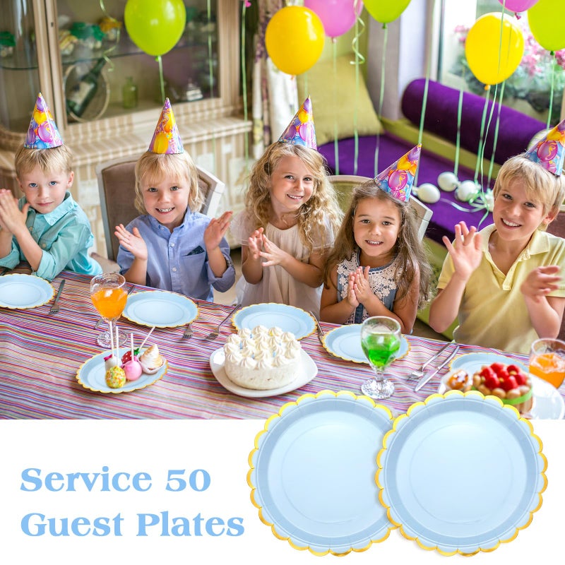 Maxcheck Maxcheck 50 Pcs Blue Scalloped Paper Plates with Gold Foil 9 Inches Disposable Party Plates Decorative for Cake Dessert Birthday Baby Shower Wedding Party Supplies  - Image 3