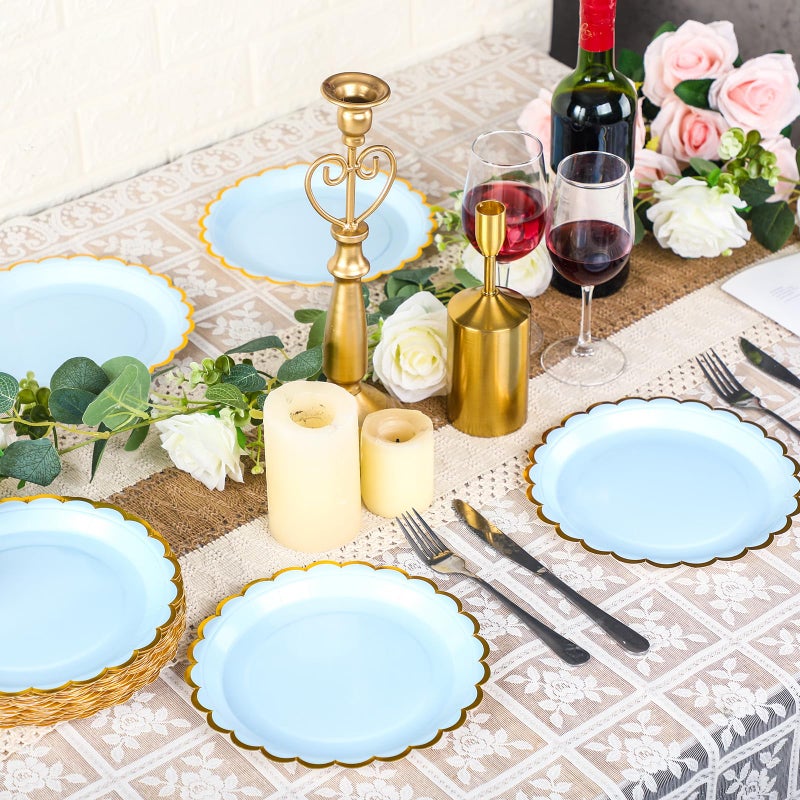 Maxcheck Maxcheck 50 Pcs Blue Scalloped Paper Plates with Gold Foil 9 Inches Disposable Party Plates Decorative for Cake Dessert Birthday Baby Shower Wedding Party Supplies  - Image 2
