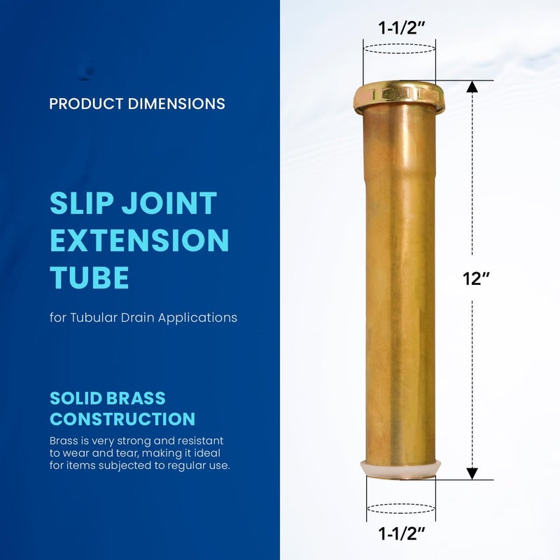 HIGHCRAFT 1-1/2” x 12” Slip Joint Extension Tube Brass Extension Tube 22-Gauge for Bathroom Sink, Kitchen Sink, Utility Sink Tubular Drain Applications, Includes Nut and Washer - Image 3