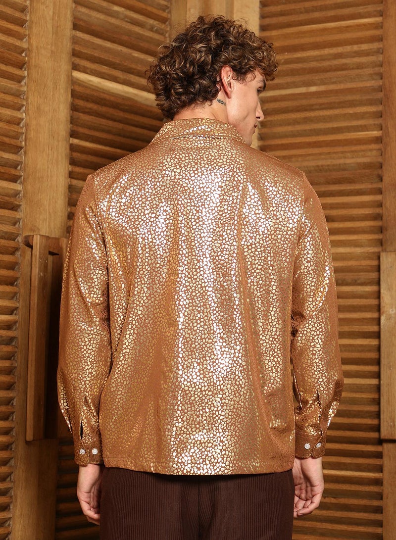 Campus Sutra Campus Sutra Men's Mocha Brown Metallic Shawl Collar Oversized Shirt For Casual Wear | Shawl Collar | Long Cuffed Sleeves | Button Closure | Oversized Shirt Crafted With Comfort Fit For Everyday Wear  - Image 5
