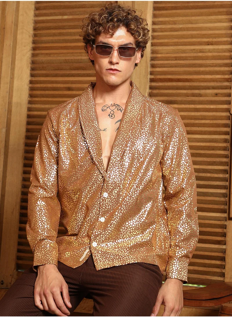 كامبوس سوترا Campus Sutra Men's Mocha Brown Metallic Shawl Collar Oversized Shirt For Casual Wear | Shawl Collar | Long Cuffed Sleeves | Button Closure | Oversized Shirt Crafted With Comfort Fit For Everyday Wear