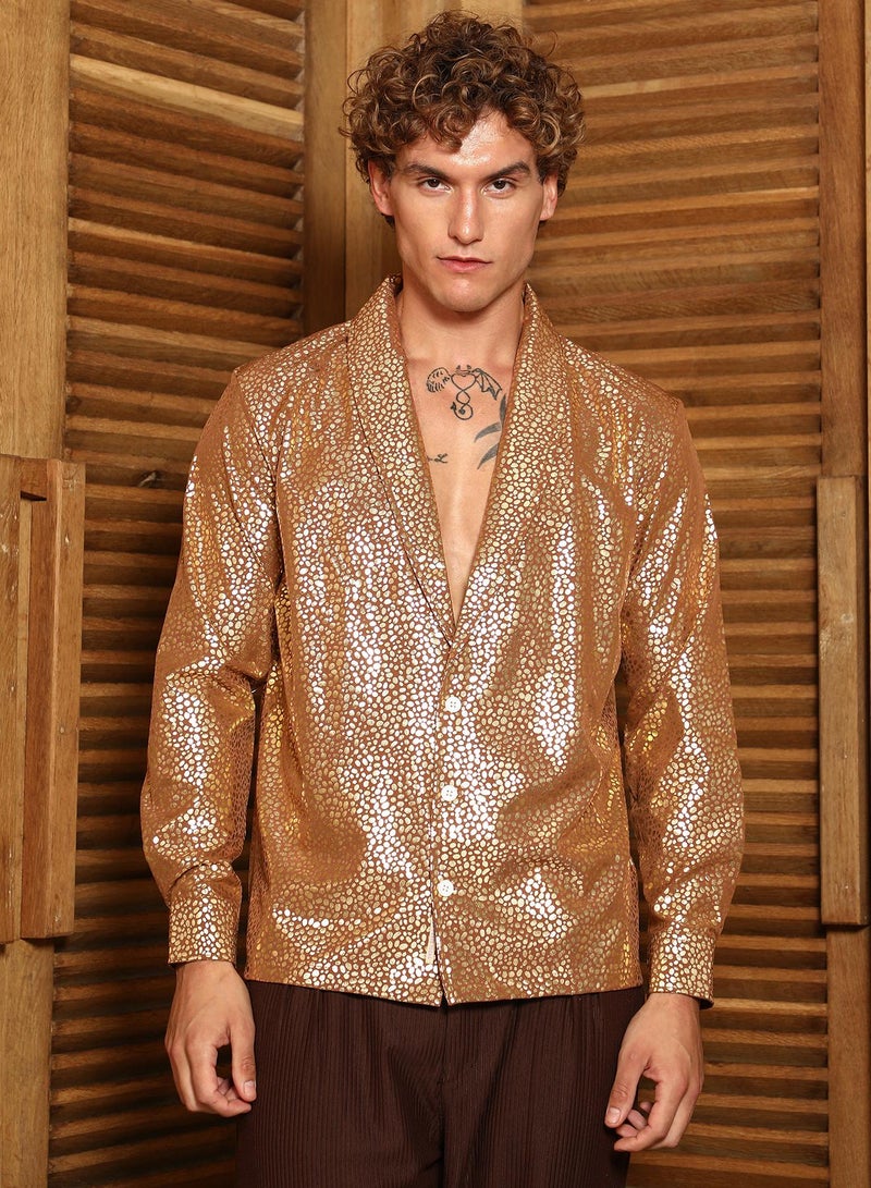 Campus Sutra Campus Sutra Men's Mocha Brown Metallic Shawl Collar Oversized Shirt For Casual Wear | Shawl Collar | Long Cuffed Sleeves | Button Closure | Oversized Shirt Crafted With Comfort Fit For Everyday Wear  - Image 2