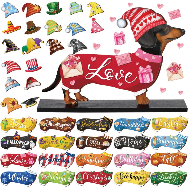 Anglechic 42 Pcs Interchangeable Seasonal Dachshund Sign Holiday Tiered Tray Decor Set Farmhouse Rustic DIY Wood Home Table Centerpiece Ornament with Replaceable Magnet Pieces for July 4th Summer Gift - Image 1