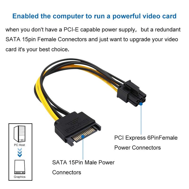 LipiWorld كابل طاقة بطاقة PCI Express 6-Pin إلى SATA 15 Pin (SATA 15 Pin إلى ATX 6 Pin Pack-1) - أسود، أصفر - Image 5