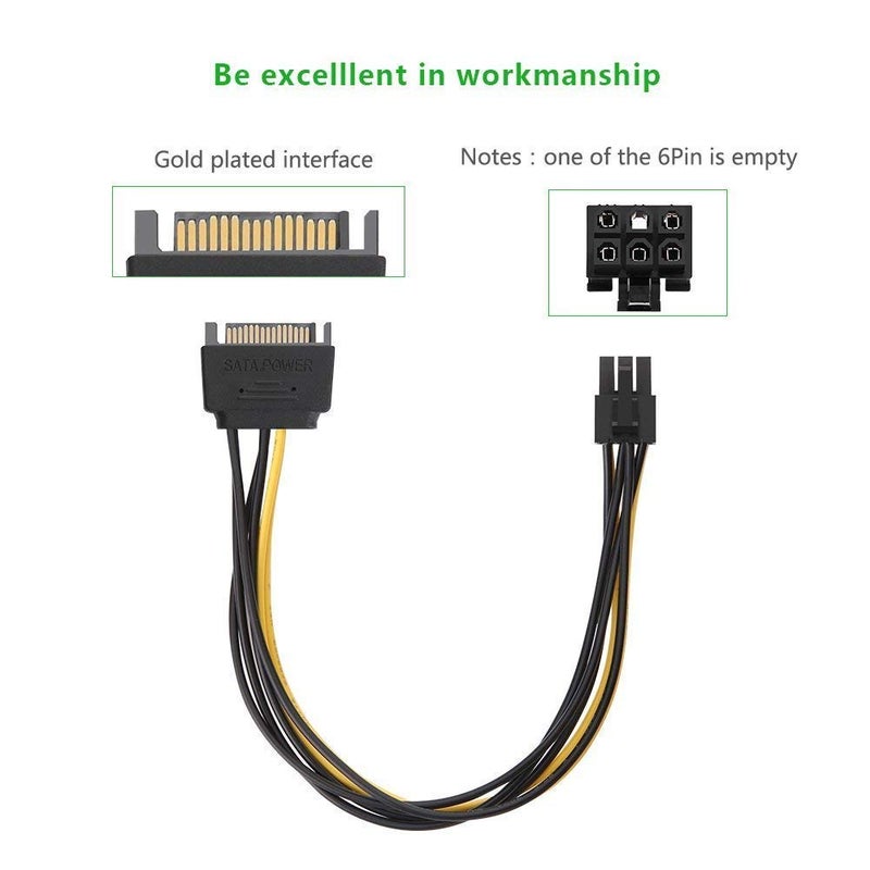 LipiWorld كابل طاقة بطاقة PCI Express 6-Pin إلى SATA 15 Pin (SATA 15 Pin إلى ATX 6 Pin Pack-1) - أسود، أصفر - Image 3