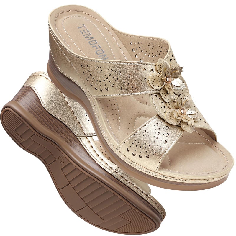 TEMOFON Womens Wedge Sandals Leather: Casual Dressy Women Champagne Gold Summer Platform Wedge Sandals Slip on Low Heels Comfortable Walking Size 8 - Image 1