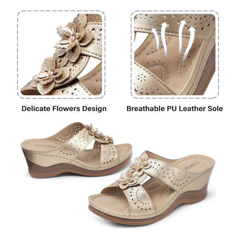 TEMOFON Womens Wedge Sandals Leather: Casual Dressy Women Champagne Gold Summer Platform Wedge Sandals Slip on Low Heels Comfortable Walking Size 8 - Image 4