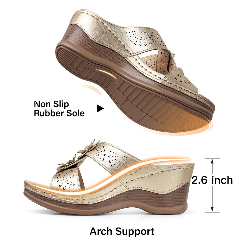TEMOFON Womens Wedge Sandals Leather: Casual Dressy Women Champagne Gold Summer Platform Wedge Sandals Slip on Low Heels Comfortable Walking Size 8 - Image 5