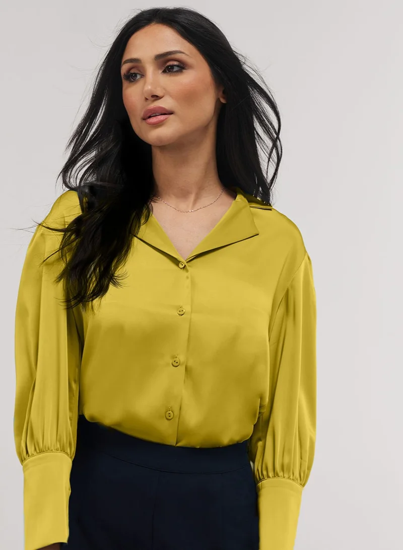 Zigzag Lapel Collared Mustard Long Sleeve Shirt