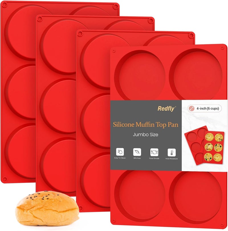 Redfly Silicone Egg Molds for Breakfast Sandwiches 4 Pcs, Non Stick 4 Inch Egg Bites Baking Pans, Jumbo Silicone Muffin Pans for Baking, Round Muffin Top Pan for Whoopie Pie Pan, Hamburger, Fruit Tart - Image 1