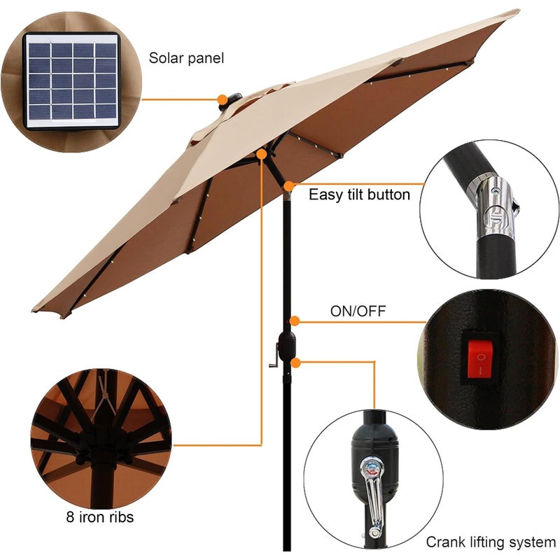 Blissun 9 ft Solar Umbrella, 32 LED Lighted Patio Umbrella, Table Market Umbrella, Outdoor Umbrella for Garden, Deck, Backyard, Pool and Beach (Tan) - Image 2