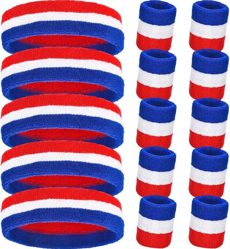 Bememo 15 Pcs Red White and Blue Sweatband Set for Men Women USA Striped Headband Football Wristband Sports Neon Accessories for 80s Costumes Cosplay Party Youth Basketball Tennis Running - Image 1