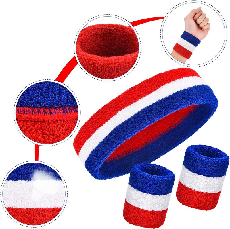 Bememo 15 Pcs Red White and Blue Sweatband Set for Men Women USA Striped Headband Football Wristband Sports Neon Accessories for 80s Costumes Cosplay Party Youth Basketball Tennis Running - Image 4