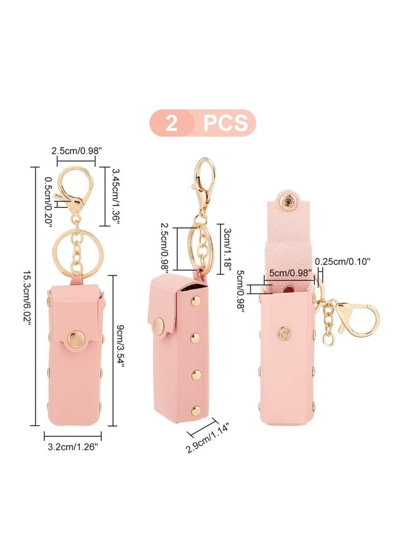 2pcs Chapstick Keychain Holder, 6 Inch PU Leather Lipstick Organizer Holder with Keychain Mini Lip Balm Travel Storage Case Portable Snap-On Lip Balm Sleeves for Women Gift, Pink - Image 2