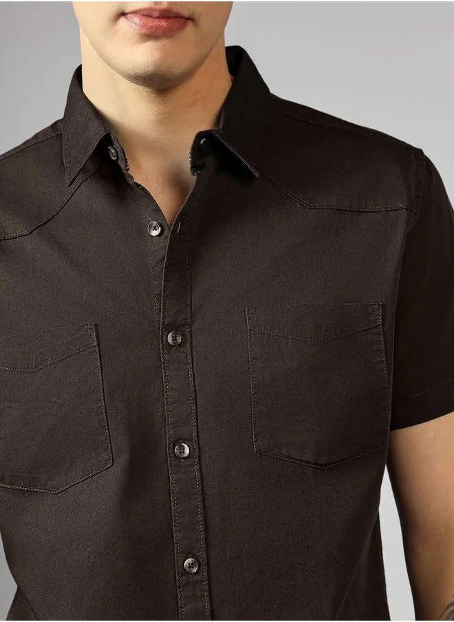 دينيس لينغو Regular Fit Brown Cotton Casual Shirt