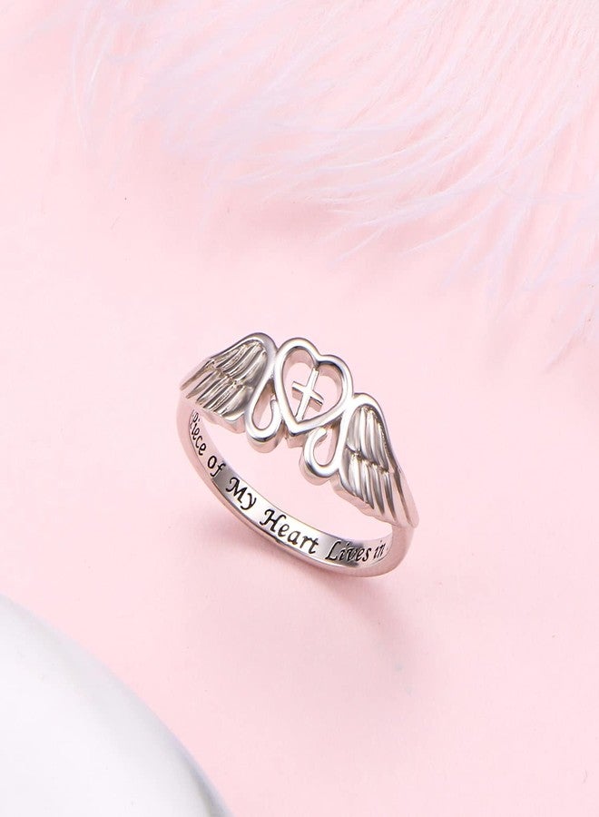 FLYOW S925 Sterling Silver A Piece of My Heart Lives in Heaven Angel Wing Ring for Women Jewelry Memory of Mom Dad Grandma Grandpa Husband Loss Memorial Gift, Size 6 - Image 4
