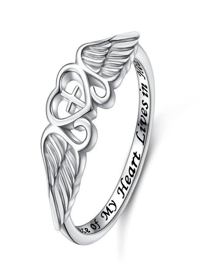 FLYOW S925 Sterling Silver A Piece of My Heart Lives in Heaven Angel Wing Ring for Women Jewelry Memory of Mom Dad Grandma Grandpa Husband Loss Memorial Gift, Size 6 - Image 1