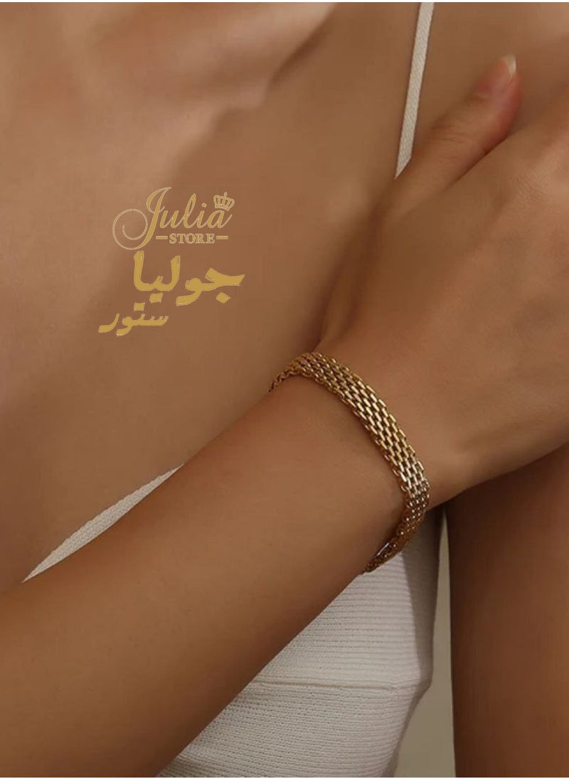 Julia Store 18k Gold Italian Mesh Link Chain Stainless Steel Bismarck Curb Bracelet Herringbone Braided 4.4 mm Jewelry Gift for Women Shiny Surface  - Image 2