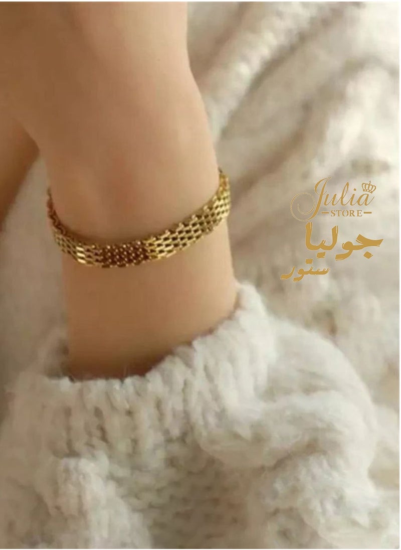 Julia Store 18k Gold Italian Mesh Link Chain Stainless Steel Bismarck Curb Bracelet Herringbone Braided 4.4 mm Jewelry Gift for Women Shiny Surface  - Image 3