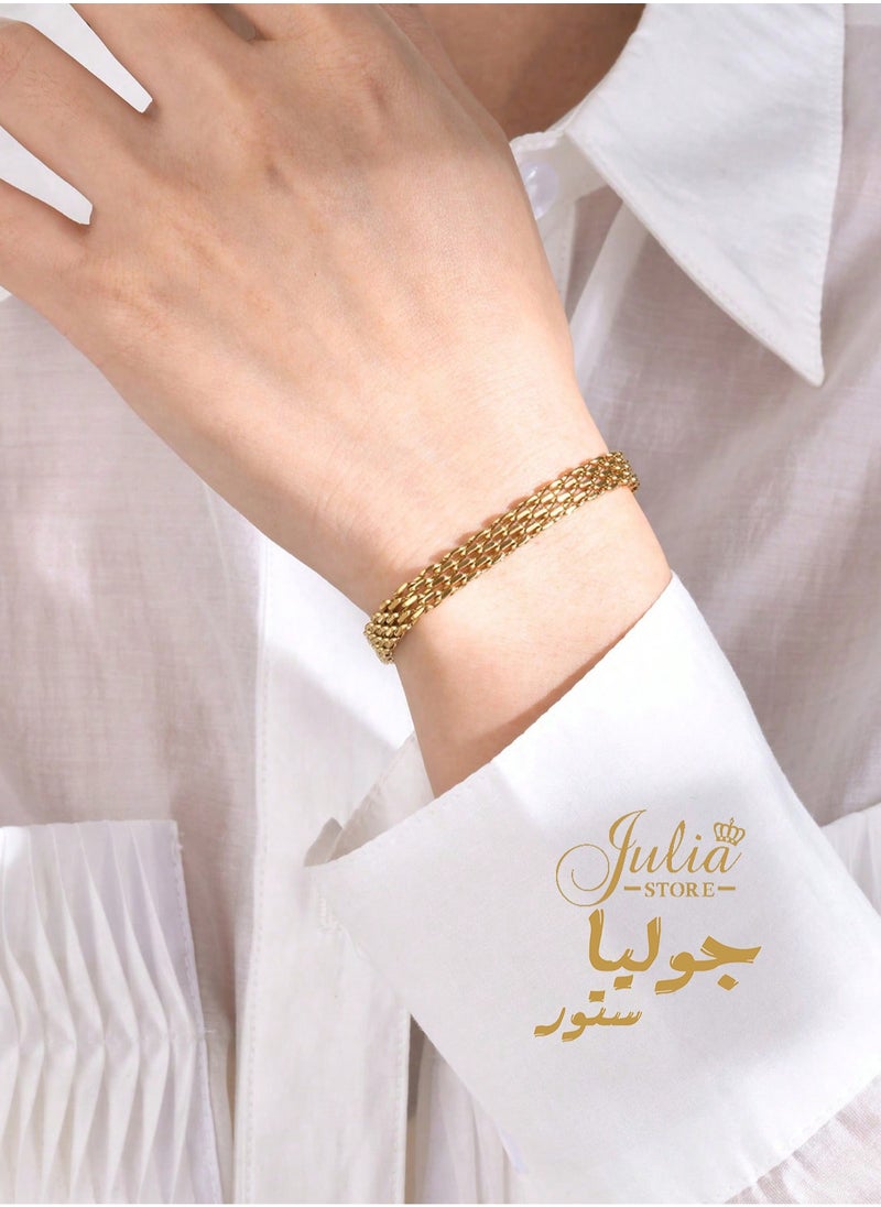 Julia Store 18k Gold Italian Mesh Link Chain Stainless Steel Bismarck Curb Bracelet Herringbone Braided 4.4 mm Jewelry Gift for Women Shiny Surface  - Image 5