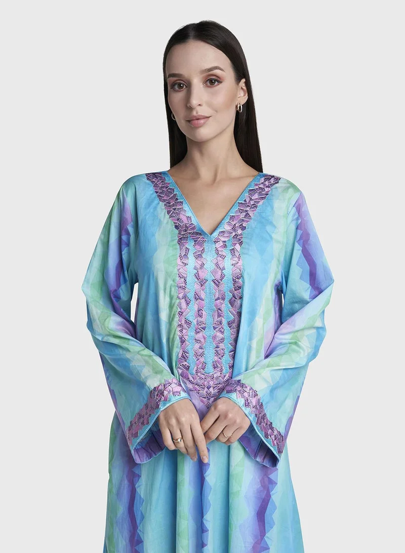 كشخة Multi Colour Stone Work Liberty Cotton Geometric Printed Jalabiya (VG2897)