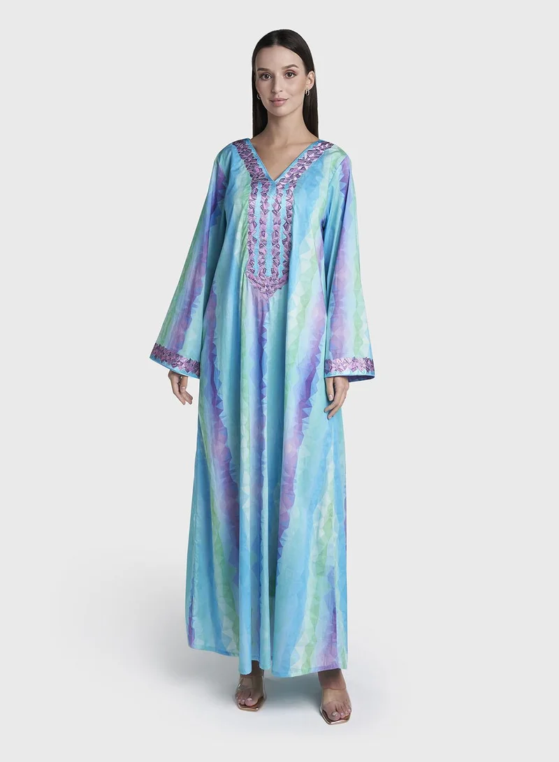 كشخة Multi Colour Stone Work Liberty Cotton Geometric Printed Jalabiya (VG2897)