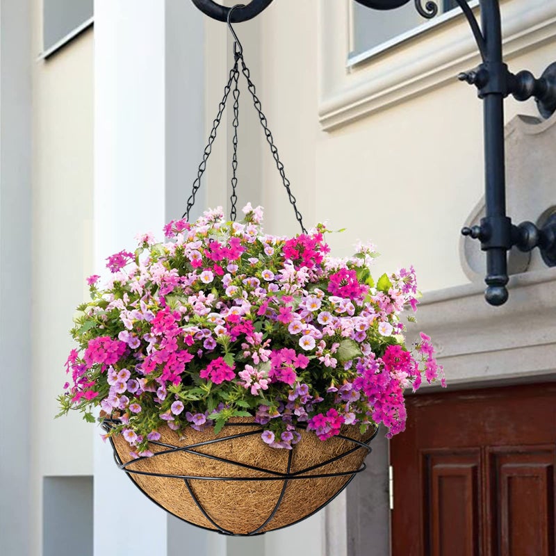 Karlliu 4 Pack 14 Inch Hanging Flower Baskets for Outdoor Plants Large Metal Wire Planters with Coco Liner Pot for Home Planting Black Watering Plant Holders for Outside Garden - Image 4