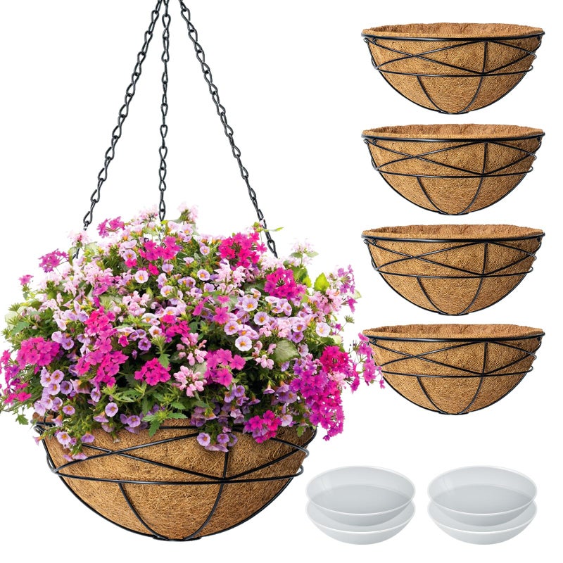 Karlliu 4 Pack 14 Inch Hanging Flower Baskets for Outdoor Plants Large Metal Wire Planters with Coco Liner Pot for Home Planting Black Watering Plant Holders for Outside Garden - Image 1