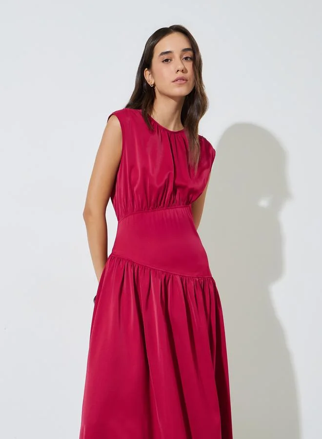 تايك تو Red Solid Sleeveless A-Line Midi Dress