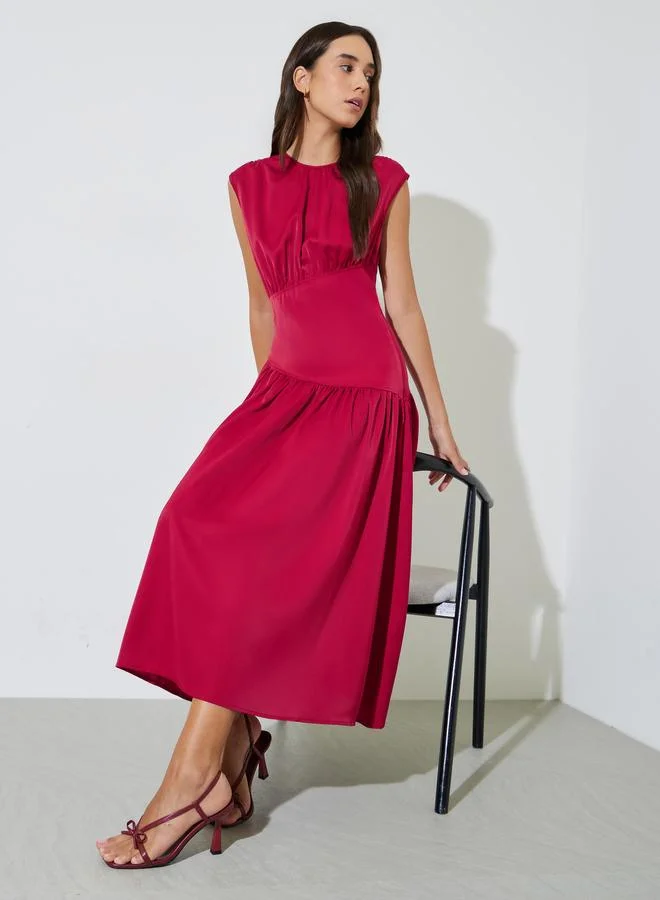 تايك تو Red Solid Sleeveless A-Line Midi Dress