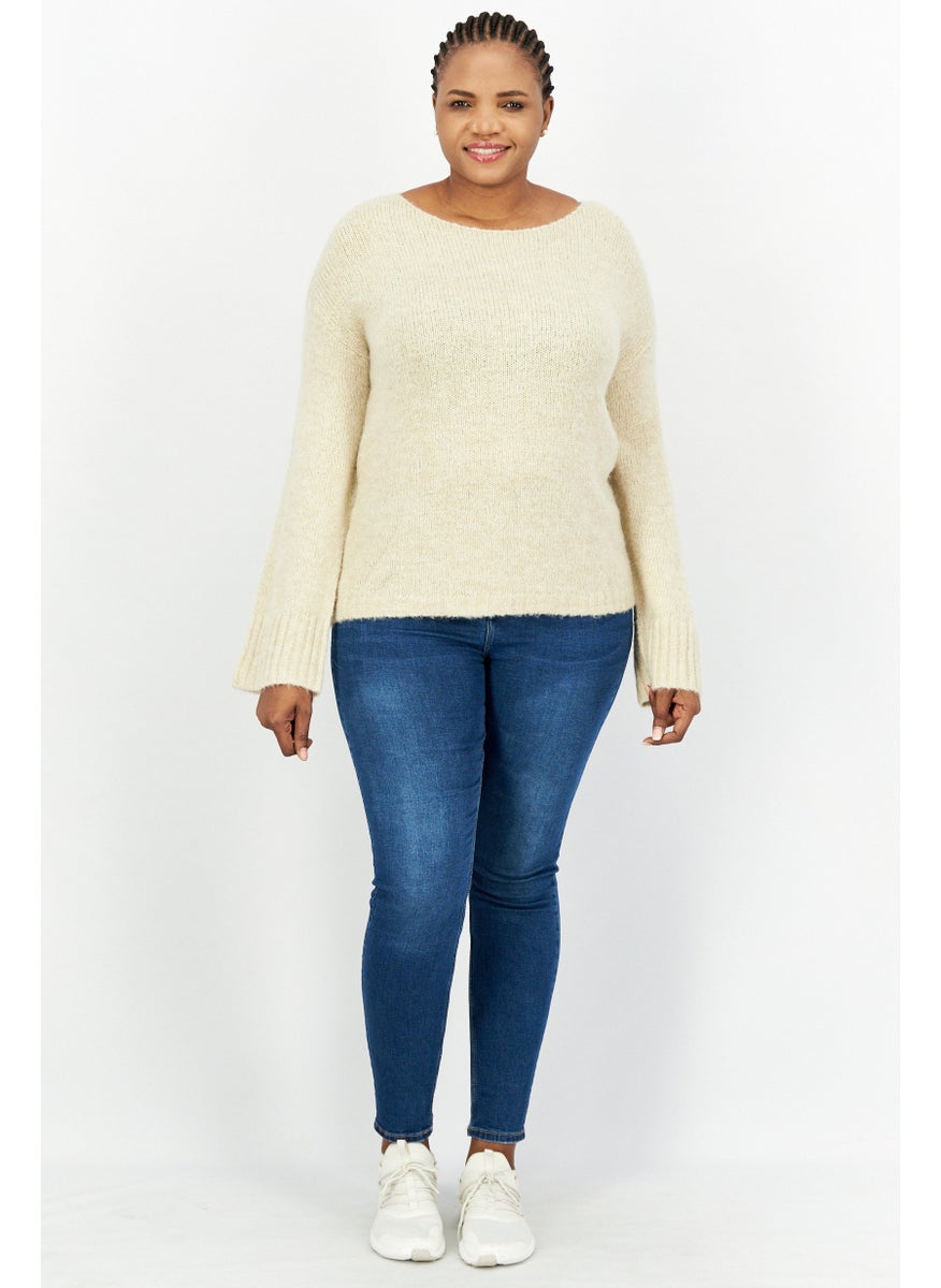 ESPRIT Women Boat Neck Knitted Sweater, Beige  - Image 3