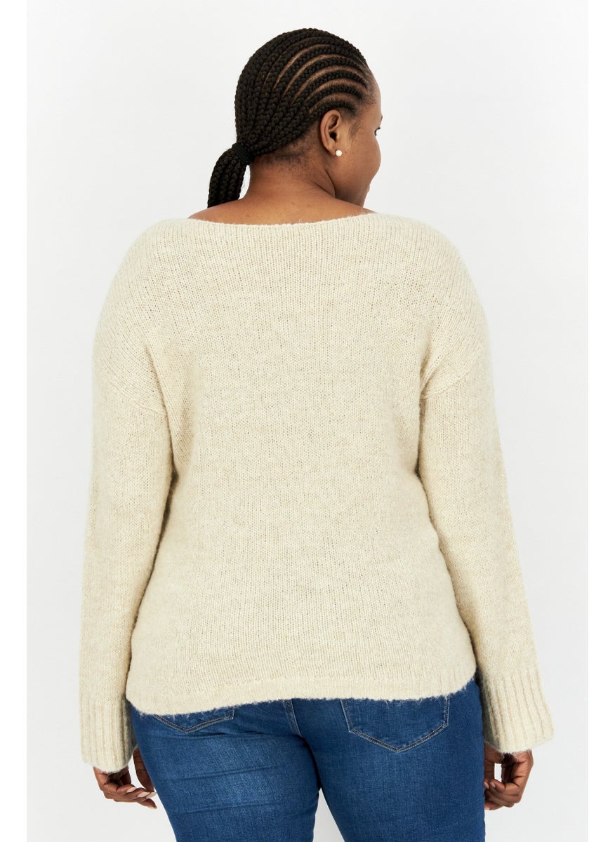ESPRIT Women Boat Neck Knitted Sweater, Beige  - Image 2