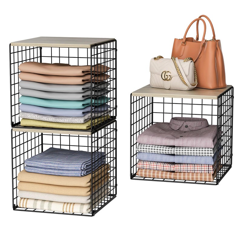 Hencawima 3PCS Stackable Closet Organizers and Storage, Shelves with Wood Top Extra Storage, Clothes Organizer Basket, Bin, or Tube for Wardrobe and Home Organization (Black-Sturdy Metal) Patent Pending - Image 1