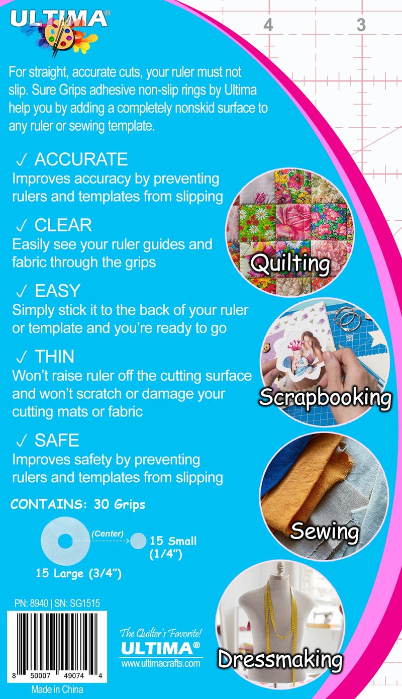 Ultima Sure Grips by Ultima – Non-Slip Ruler Grip Rings with 3M Adhesive Backing – Designed for Quilting & Patchworking – Works on Any Ruler – 30 Rings, 15 Large & 15 Small - Image 5