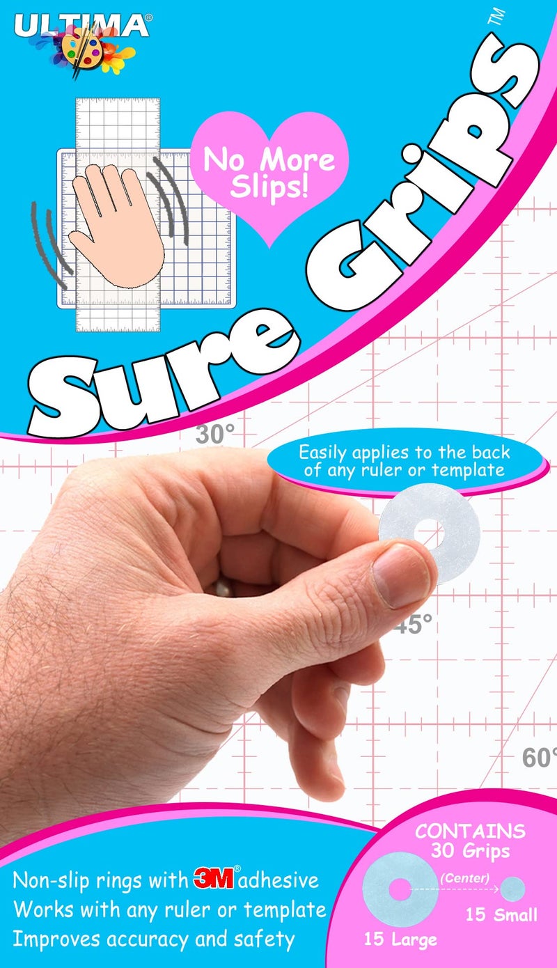 Ultima Sure Grips by Ultima – Non-Slip Ruler Grip Rings with 3M Adhesive Backing – Designed for Quilting & Patchworking – Works on Any Ruler – 30 Rings, 15 Large & 15 Small - Image 1