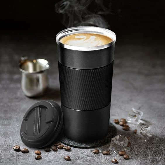 MustHome Vacuum Insulated Coffee Cup,Double Walled Travel Mug with Grip Vacuum Insulation Stainless Steel with Leakproof Lid Eco-Friendly Wide Mouth Reusable Cup for Coffee,Tea and Beer (Black) - Image 1