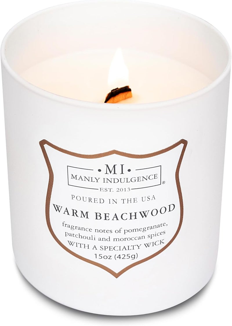 Manly Indulgence Warm Beachwood Scented Jar Candle, Wood Wick, Premium Soy Blend White Wax, 60 hr Burn, Matte White Jar Candle for Home and Men, 15 oz - USA Poured - Image 3