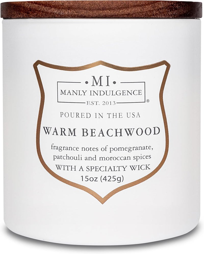 Manly Indulgence Warm Beachwood Scented Jar Candle, Wood Wick, Premium Soy Blend White Wax, 60 hr Burn, Matte White Jar Candle for Home and Men, 15 oz - USA Poured - Image 1