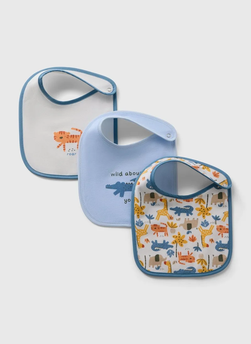 Matalan 3 Pack Baby Blue Safari Bibs