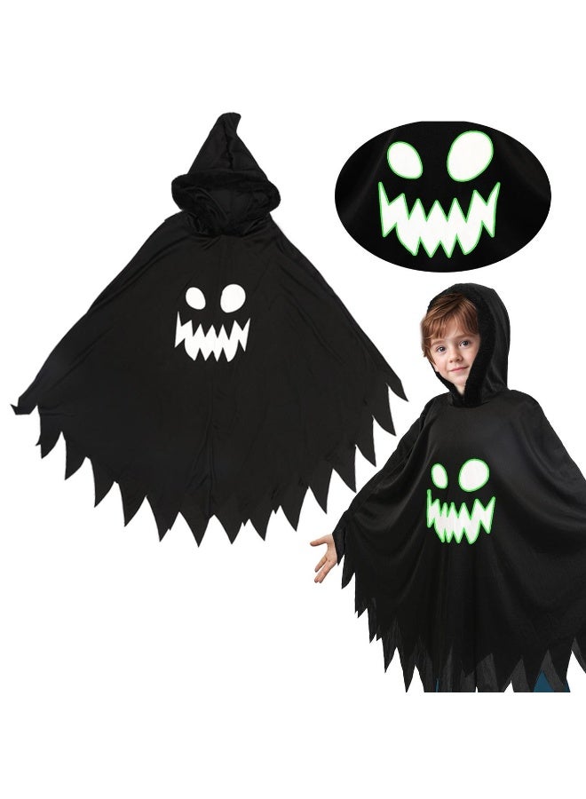 Home Smart Ghost Costume Dress for Boys and Girls Halloween Fancy Ghost Hood Cape with Glowing Scary Face in Dark for Stage Performance, and Themed Party (Black) - Image 1